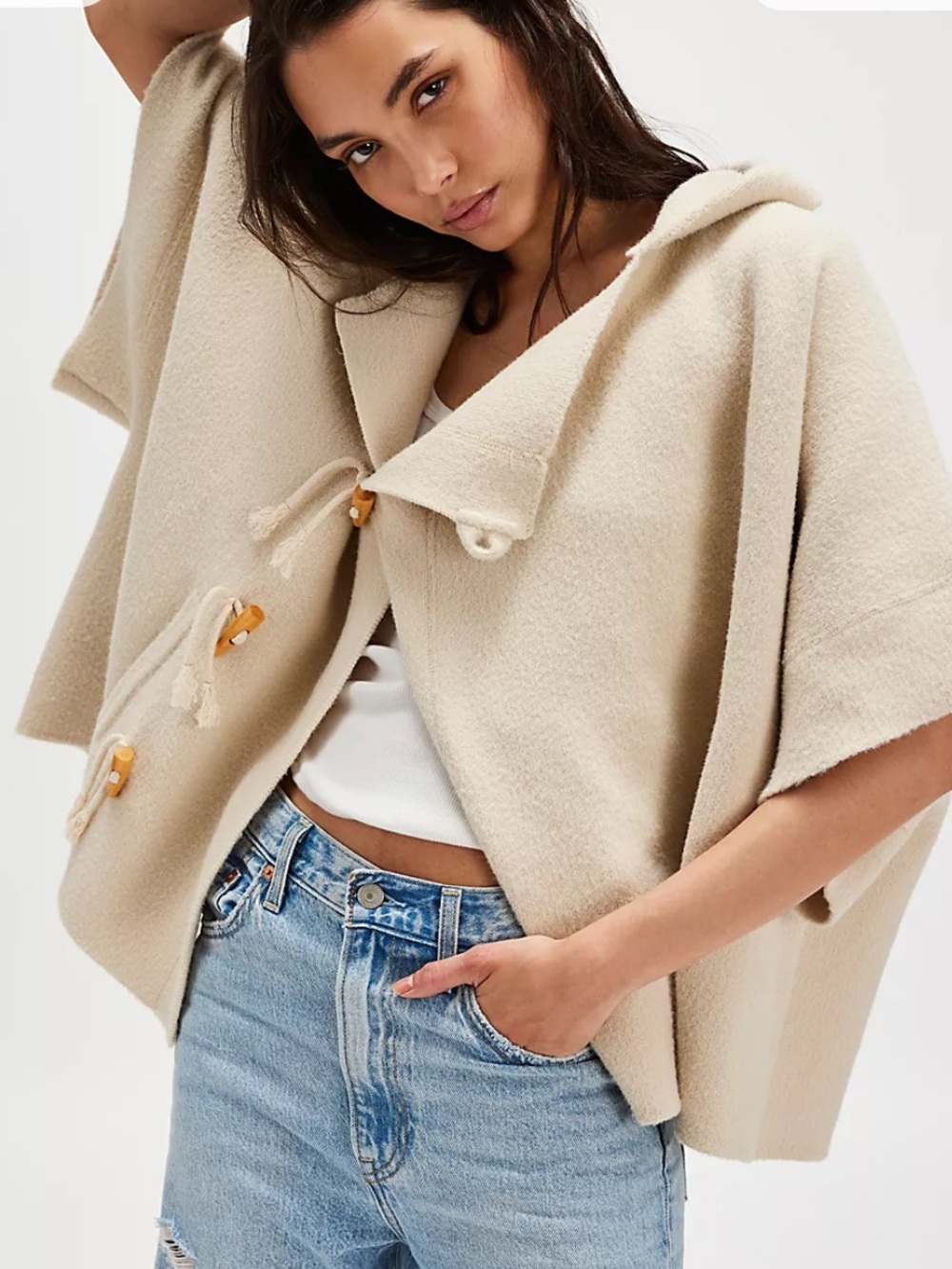 Free People Cream Hooded Toggle Poncho